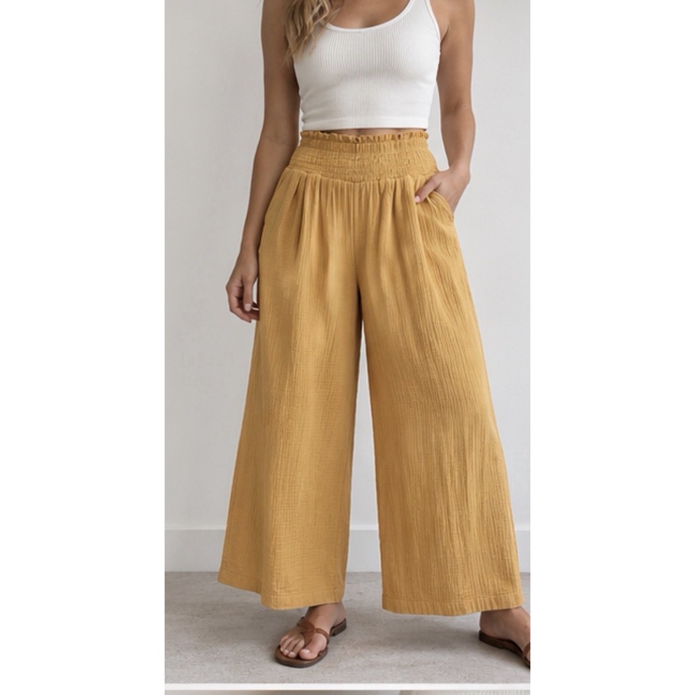 By Anthropologie Gauze Wide Leg Pants XL Mustard Smocked Waist Crop Coastal